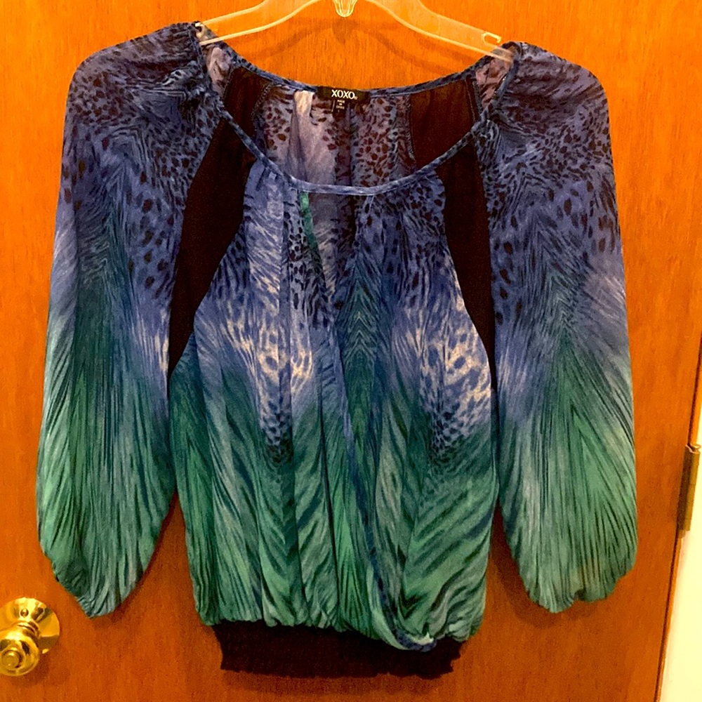XOXO Blue and Green Ombre Printed Peasant Blouse